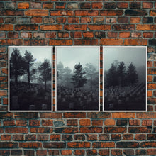 Load image into Gallery viewer, Spooky haunted graveyard at night, art for witches, 3 piece canvas, 3 piece wall art, cemetery art
