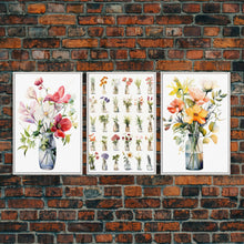 Load image into Gallery viewer, 3 Piece Set, Cute Kawaii Floral Print, Flowers In Vases, Framed Wall Art, Canvas Print, Botanical Wall Decor, Dried Flower Large Triptych
