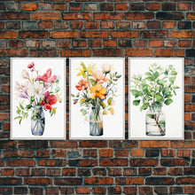Load image into Gallery viewer, 3 Piece Set, Cute Kawaii Floral Print, Flowers In Vases, Framed Wall Art, Canvas Print, Botanical Wall Decor, Boho Kitchen Art, French Art
