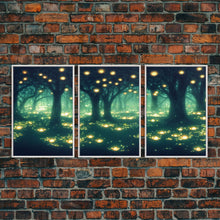 Carregar imagem no visualizador da galeria, Fantasy forest wall decor, ready to hang 3 piece canvas print, 3 piece wall art, firefly wall art, Fireflies In A Fairy Forest at Night
