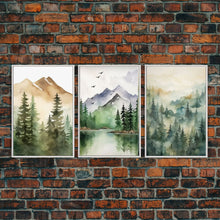 Cargar imagen en el visor de la galería, Triptych Framed Canvas Wall Art Set of 3 Green Forest Mountain Nature Landscape Prints Minimalist Modern Art, Woodland Nursery Decor
