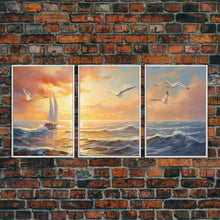 Carregar imagem no visualizador da galeria, Beautiful Ocean At Sunset 3 Piece Canvas Print Wall Art, Above Sofa, Abstract Art, Modern Art, Minimalism Lakehouse Decor
