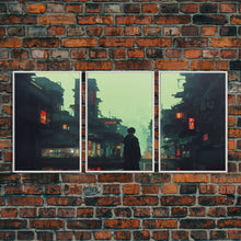 Load image into Gallery viewer, 80s Style Cyberpunk Tokyo, Retrofuturism, Dystopian art, 3 piece wall art, 3 piece canvas print
