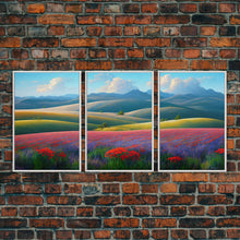 Cargar imagen en el visor de la galería, Colorful rolling hills, flower fields, landscape art,  3 piece wall art, 3 piece canvas, cool centerpiece living room wall art
