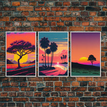 Load image into Gallery viewer, Triptych 3 panel Wall Art, Framed Canvas Prints, Synthwave Landscape Decor, MCM 80s Vibes Retro Style 3 Piece Art

