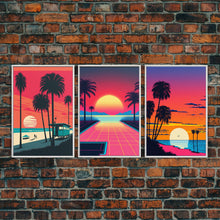 Load image into Gallery viewer, Midcentury Modern Wall Art, Mid Century Modern, 3 Piece Framed Canvas, 3 Panel Art, Triptych Art, Vaporwave Palm Trees and Sunset, 80s Retro
