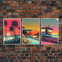 Load image into Gallery viewer, MCM Style Retro Wall Decor, Framed Canvas Prints, Triptych 3 Panel Wall Art, Retrowave Beach Art, Synthwave / Vaporwave Architecture Art
