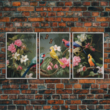 Cargar imagen en el visor de la galería, Flowers Wall Print, Tropical Wall Art, Macaw, Jungle Art Print, Canvas Print, Wall Art, 3 Piece Wall Art, Modern Office Art, Wedding Gift
