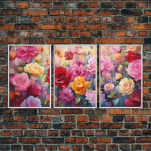 Load image into Gallery viewer, Beautiful Rose Art, Framed Canvas Print, Floral Art, Botanical  Decor, Blue and Yellow Roses, 3 Piece Art Set
