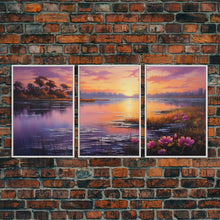 Carregar imagem no visualizador da galeria, Beautiful 3 Piece Wall Art, Framed Canvas Print, 3 Piece Set, Lake House Decor, Sunset Over The Purple Marsh, Above Sofa Art
