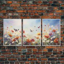 Carregar imagem no visualizador da galeria, Butterly Wall Print, Wildflower Wall Art, Wildflower Meadow, Canvas Print, Set Of 3 Prints, Wall Art, 3 Piece Wall Art, Botanical Art
