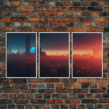 Load image into Gallery viewer, Cyberpunk Cityscape, Cyberpunk Concept Art at Sunset, Cool mancave art, 3 Piece Canvas Decor, 3 Piece Wall Art, Ready To Hang Canvas Prints
