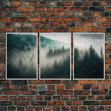 Load image into Gallery viewer, 3 piece Misty forest Fog wall art Foggy forest Farmhouse decor Foggy landscape Forest canvas print Multi panel canvas Trendy wall decor
