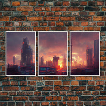 Load image into Gallery viewer, Cyberpunk City, Night City Watercolor, Videogame Concept Art, Watercolor Of a Cyberpunk City 3 Piece Wall Art, Ready To Hang Canvas Print

