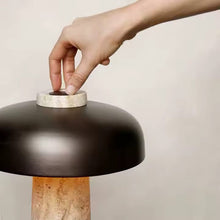 Carregar imagem no visualizador da galeria, Nogy Mushroom Table Lamp – Textured Travertine Base &amp; Matte Black Dome
