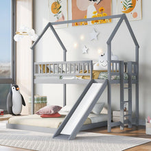Load image into Gallery viewer, Twin over Full House Bunk Bed with Slide and Built-in Ladder, Full-Length Guardrail, Gray
