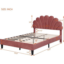 Carregar imagem no visualizador da galeria, Full Size Upholstered Platform Bed with Flower Pattern Velvet Headboard, Bean Paste Red
