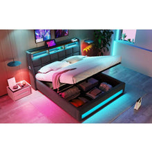 Carregar imagem no visualizador da galeria, Full size Upholstered Platform bed with a Hydraulic Storage System, LED and USB Charging, Grey (without mattress)
