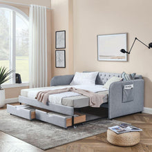 Load image into Gallery viewer, Twin Size Upholstery Daybed with Trundle Bed and Two Storage Drawers , Flat Arms with Pocket, Extendable Daybed for Bedroom Living Room,Linen Grey
