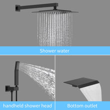 Cargar imagen en el visor de la galería, Rain Mixer Shower Faucet Set with Waterfall Tub Spout 10 inch Square Rainfall Shower Head with Handheld Spray Matte Black Wall Mounted Pressure Balance Rough-in Valve and Trim Included
