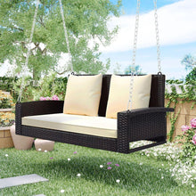 Load image into Gallery viewer, 2-Person Wicker Hanging Porch Swing with Chains, Cushion, Pillow, Rattan Swing Bench for Garden, Backyard, Pond. (Brown Wicker, Beige Cushion)
