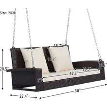 Load image into Gallery viewer, 2-Person Wicker Hanging Porch Swing with Chains, Cushion, Pillow, Rattan Swing Bench for Garden, Backyard, Pond. (Brown Wicker, Beige Cushion)
