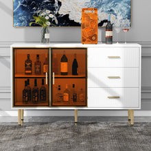 Load image into Gallery viewer, Modern Sideboard MDF Buffet Cabinet Marble Sticker Tabletop and Amber-yellow Tempered Glass Doors with Gold Metal Legs &amp; Handles (White)
