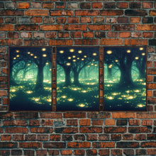 Carregar imagem no visualizador da galeria, Fantasy forest wall decor, ready to hang 3 piece canvas print, 3 piece wall art, firefly wall art, Fireflies In A Fairy Forest at Night

