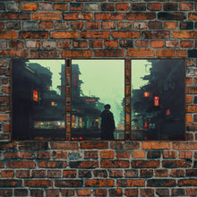 Load image into Gallery viewer, 80s Style Cyberpunk Tokyo, Retrofuturism, Dystopian art, 3 piece wall art, 3 piece canvas print
