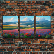 Cargar imagen en el visor de la galería, Colorful rolling hills, flower fields, landscape art,  3 piece wall art, 3 piece canvas, cool centerpiece living room wall art
