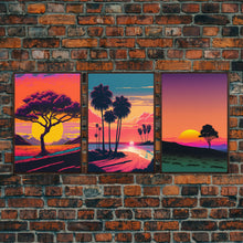 Load image into Gallery viewer, Triptych 3 panel Wall Art, Framed Canvas Prints, Synthwave Landscape Decor, MCM 80s Vibes Retro Style 3 Piece Art
