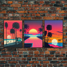 Load image into Gallery viewer, Midcentury Modern Wall Art, Mid Century Modern, 3 Piece Framed Canvas, 3 Panel Art, Triptych Art, Vaporwave Palm Trees and Sunset, 80s Retro
