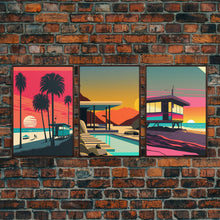Load image into Gallery viewer, MCM Style Retro Wall Decor, Framed Canvas Prints, Triptych 3 Panel Wall Art, Retrowave Beach Art, Synthwave / Vaporwave Architecture Art
