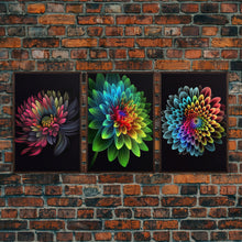 Cargar imagen en el visor de la galería, Triptych 3 Panel Wall Art - Framed Canvas Prints - Neon Flowers - Retro Style Flower Paintings - Boho Decor - Minimalist Wall Art - Modern
