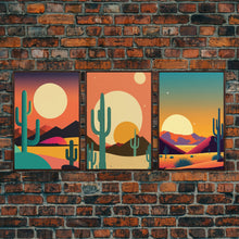 Load image into Gallery viewer, Desert Art, Desert Prints, Trendy Wall Prints, Framed Canvas Art, 3 Piece Wall Prints, Southwestern Decor, Primitive Cactus Art, Arizona Art
