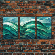 Load image into Gallery viewer, Emerald Green Wall Decor, Sea Green Ocean Waves Abstract, 3 Piece Canvas Decor, 3 Piece Wall Art, Ready To Hang Canvas Prints
