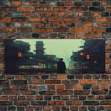 Load image into Gallery viewer, 80s style Cyberpunk Japanese City, Retro Punk Tokyo, Framed Canvas Print, Framed Wall Art, Large Panoramic Wall Decor
