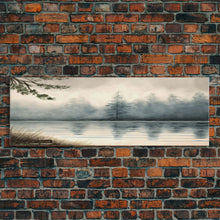 Load image into Gallery viewer, Panoramic Framed Canvas Print of Misty Fog Covered Lake and Pine Tree Forest, Perfect for Living Room, Bedroom, Fog Covered Lake
