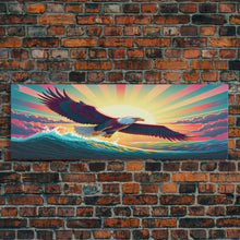 Carregar imagem no visualizador da galeria, American Bald Eagle, Panoramic Wall Art, Framed Canvas, Retro Style Eagle Painting, Synthwave Ocean Sunset Art
