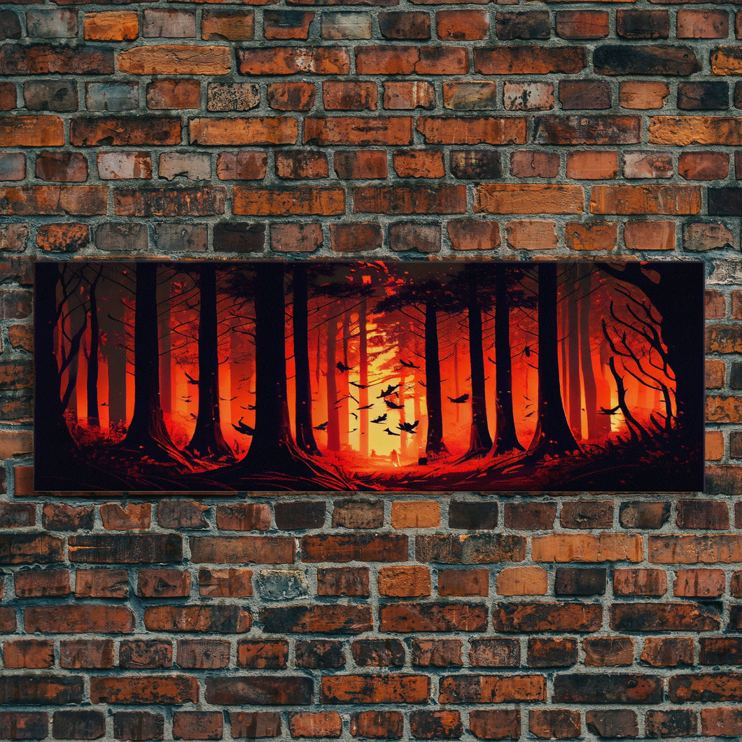 Forest Landscape Art, Forest Fire, Fall / Autumn Decor, Panoramic Wall Art, Framed Canvas Print, Orange and Yellow Fantasy Forest