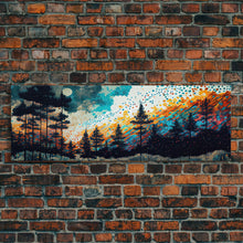 Cargar imagen en el visor de la galería, Extra large 24 x 72 wall art, framed canvas print, abstract pine tree forest painting, painting of a forest fire against a starry night sky
