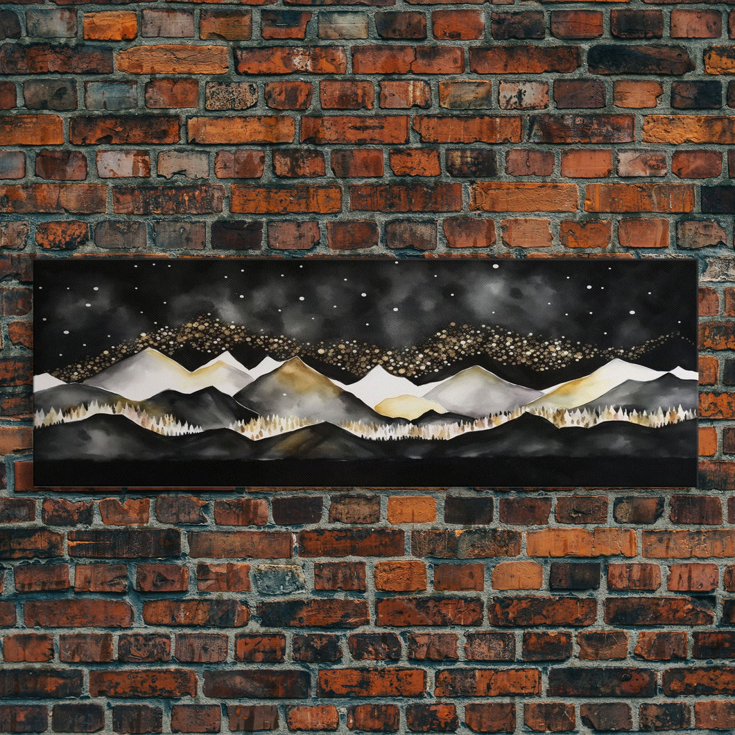 Black & Gold Mountain Landscape Painting, Framed Canvas Print, Panoramic Art, Extra Wide Art, Center Piece Decor, Above Fireplace or Sofa