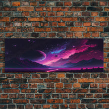 Load image into Gallery viewer, Beautiful Science Fiction Wall Art, Synthwave Style Scifi Art, Framed Canvas Print, Panoramic Alien Worlds and Star Filled Night Sky
