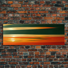 Carregar imagem no visualizador da galeria, Art Deco Wall Art, Framed Canvas Print, Emerald Green and Gold Palm Tree Leaves and Sunset, Panoramic Ultrawide Art, Large Format Wall Decor
