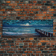 Load image into Gallery viewer, Panoramic Van Gogh Inspired Beach, Framed Canvas Print, Cool Painting, Full Moon Over Rolling Waves, Soothing Abstract Beach Decor
