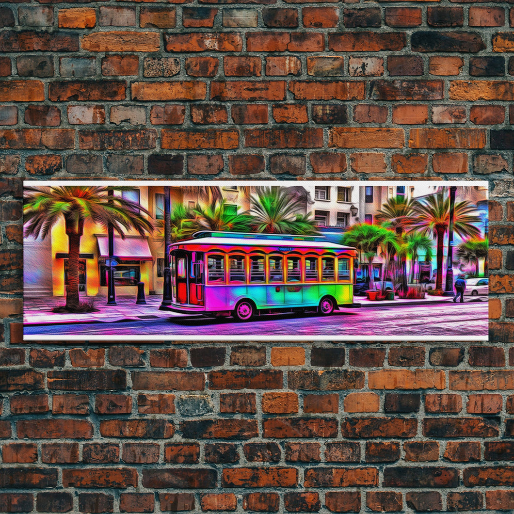 Colorful Vibrant Tram Wall Art, Palm Trees Art Print, Colored Pencil Sketch, Framed Canvas, Abstract Art, Panoramic, Wall Art, Canvas Print