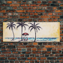 Load image into Gallery viewer, Couple In Beach Scene Art, Minimalist Beach Canvas Art Print, Palm Trees, Canvas Wall Art Beach, Panoramic, Wall Art, Canvas Print
