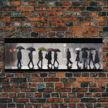 Load image into Gallery viewer, Crowd Walking With Umbrellas Canvas Print, Raining City Art, Urban Art, Large Urban Art Print, Wall Decor, Panoramic, Wall Art, Canvas Print
