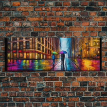 Cargar imagen en el visor de la galería, Colorful Umbrellas City Canvas Print, Large Urban Art Print, Two People Walking On Street, Vibrant Art, Panoramic, Wall Art, Canvas Print

