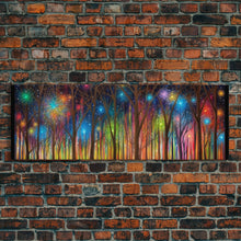Load image into Gallery viewer, Abstract Forest Art, Woods Wall Art, Forest Art Print, Sparklers, Stars, Colorful Canvas Print, Panoramic, Wall Art, Canvas Print
